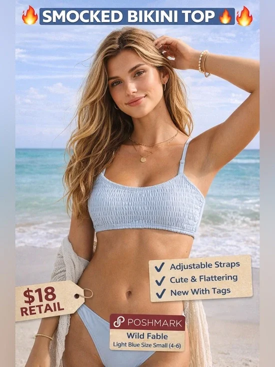 Wild Fable Smocked Bikini Top Light Blue Size Small 4-6 Adjustable NWT $18 - Picture 3 of 13